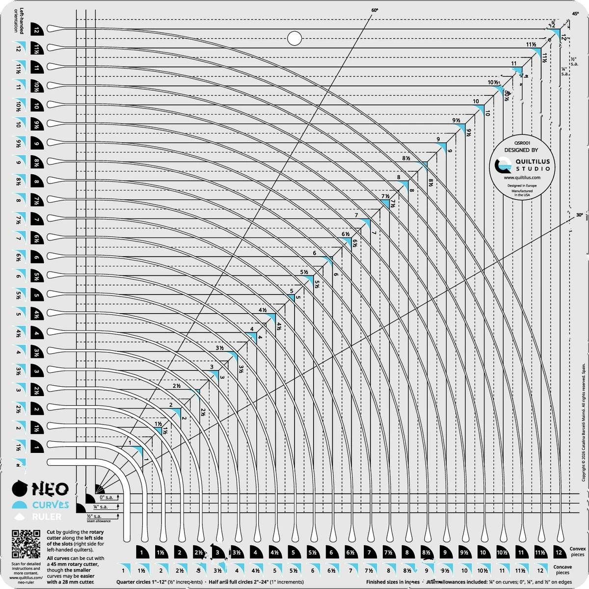 Neo Curves Ruler, regle de patchwork quadrat de 15 ½ polzades amb 24 ranures corbes