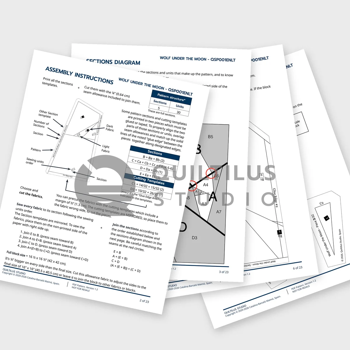 Wolf Under the Moon pattern inside pages: assembly instructions, sections diagram and templates