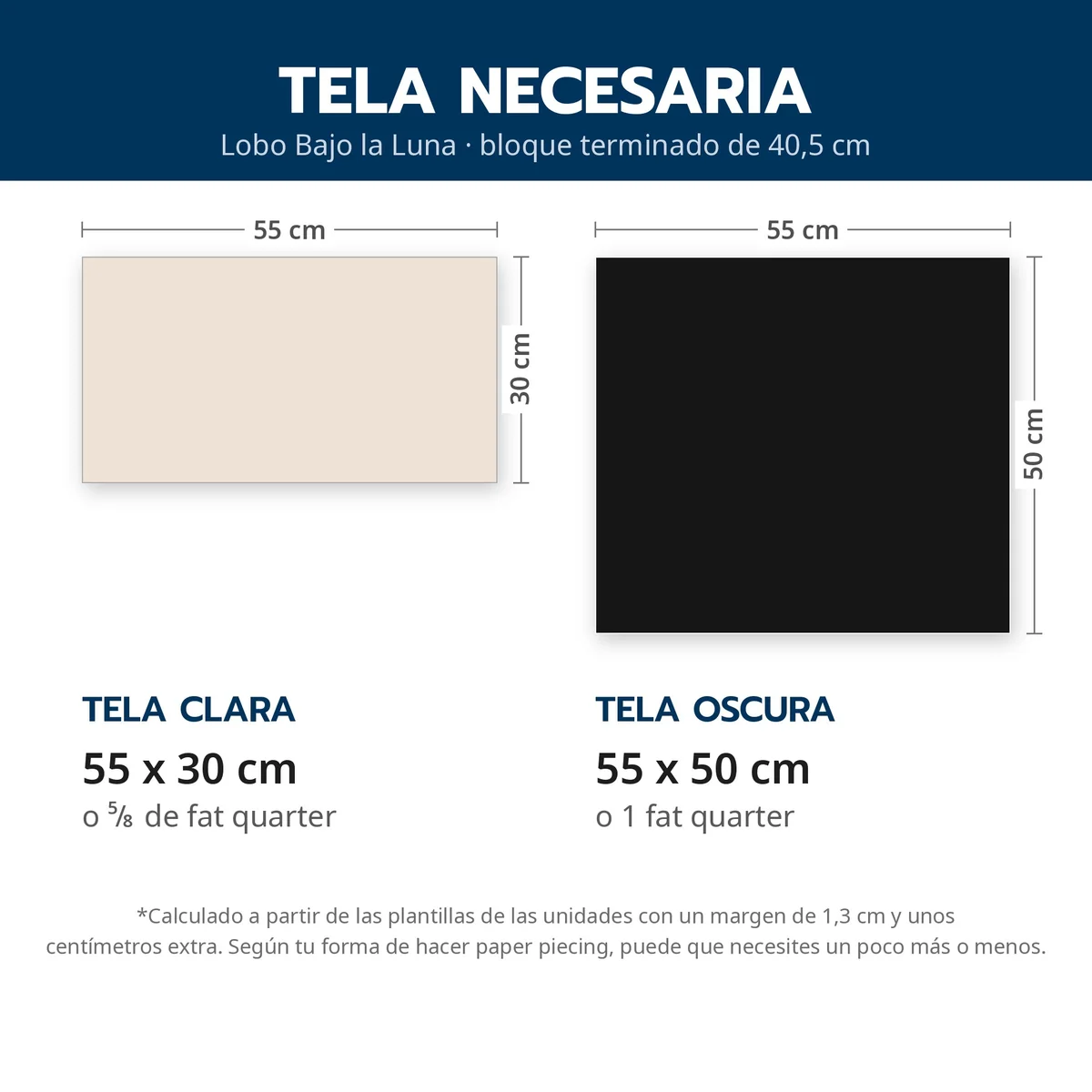 Lobo bajo la luna tela necesaria en cm para el bloque de 40,5 cm