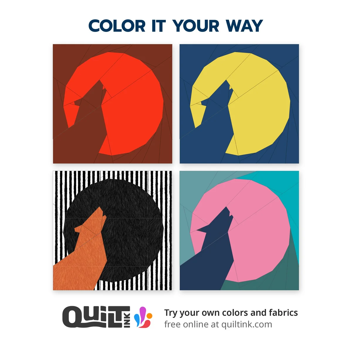 Wolf Under the Moon colored four ways with QuiltInk